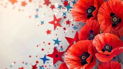 A soft-focus background with vivid red poppies and patriotic stars scattered throughout, ideal for Memorial Day tributes and themes.