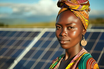 African woman looks at the camera with a smile, with solar panels in the background. solar energy generation concept.