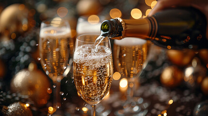 Champagne pouring from bottle into glasses on blurred background, closeup - obrazy, fototapety, plakaty