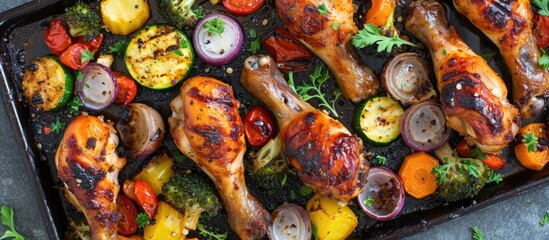 Barbecue chicken drumsticks and vegetables, cooked on a sheet pan.