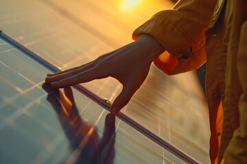 Close-up of woman's hand, hand touching solar panel