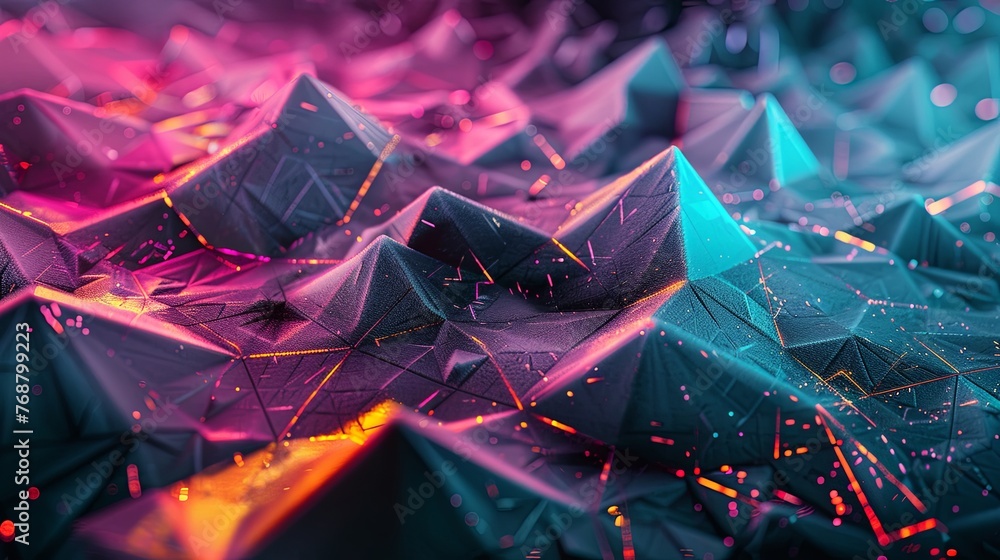 Poster abstract background of interconnected neon geometric shapes with a dynamic range of colors and light
