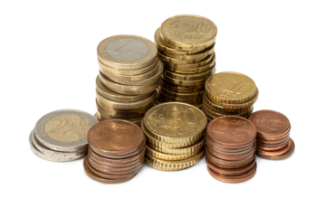 Variety of Euro coins stacked isolated on transparent background