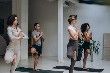 Group of people standing balancing on mats in yoga studio