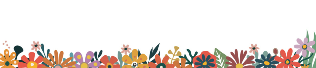 Naklejka na ściany i meble Horizontal banner, seamless border with gorgeous multicolored blooming abstract flowers and leaves. Spring botanical flat vector illustration isolated on transparent background. 