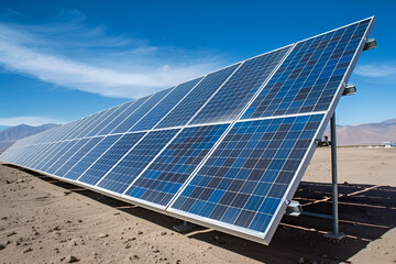 Solar panels in the desert, sun rays on solar panels, energy generation