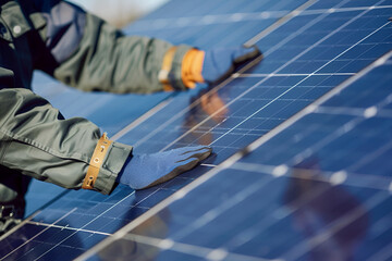 A technician man wearing work gloves installing an off-grid photovoltaic solar panel under a beautiful blue sky with clouds. Concept of alternative sustainability and sustainable resource conservation