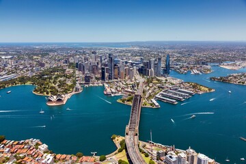 the sydney skyline taken from above the city, with the yarra bridge in the