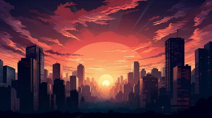 sunset over city, synthwave style illustration