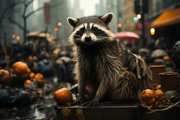 Rainy Urban Autumn Scene with Curious Raccoon and Pumpkins Banner - obrazy, fototapety, plakaty