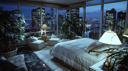 3D render of a bedroom interior with a night city view