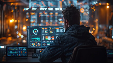 IT specialist is working with computer. Data processing. Selective focus. Future technology concept. Copy space 