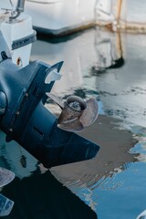 Closeup shot of the speed boat engine propeller © Wirestock