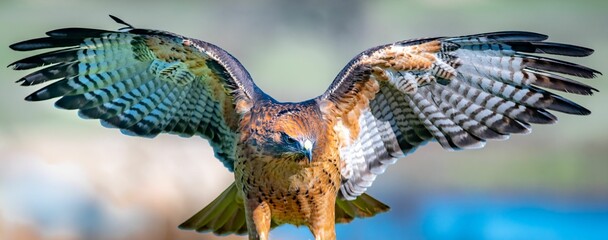 A closeup shot of a Red-tailed hawk with its wing wide open