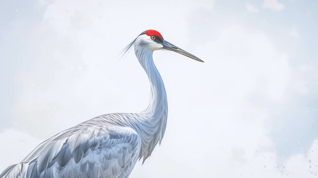Beautiful watercolor painting of a crane There is a usable area for adding text.