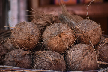 Coconuts at market stall in Varanasi, India