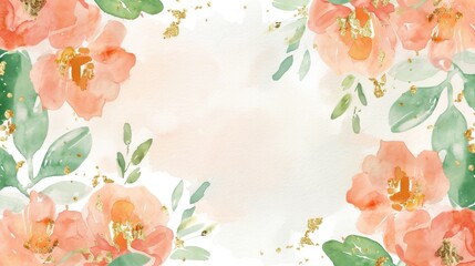 Soft watercolor blossoms with golden flecks create a dreamy garden scene, offering a serene and romantic feel perfect for invitations or gentle backdrops.