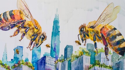 This watercolor painting depicts bees buzzing around a lush urban garden, with a soft focus on the city skyline in the background.