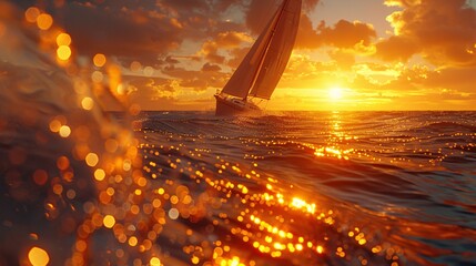 Golden hour sunset, old-style yacht side profile on horizon, sparkling sea, sun haze, in hyperrealistic