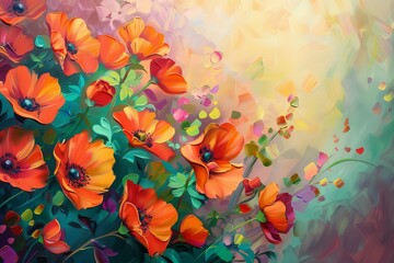 Abstract Floral Fantasy Colorful Oil Painting of Flowers, Artistic Background Illustration