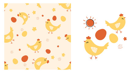 Seamless pattern with chicken cartoons, eggs and cute flower on yellow background vector. Chicken icon set.