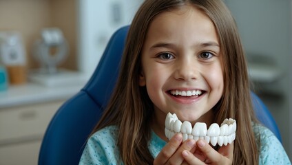 Portrait of a girl holding a model of a jaw with teeth while sitting in a dental office, looking at the camera and grimacing. Children's dentistry. - obrazy, fototapety, plakaty