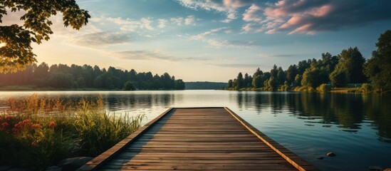 Wooden pier on the lake at sunset. Panoramic view.