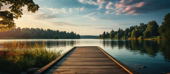 Foto op Plexiglas Wooden pier on the lake at sunset. Panoramic view. © WaniArt