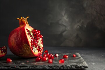 Superfood ingredient a pomegranate halved on a slate cutting board