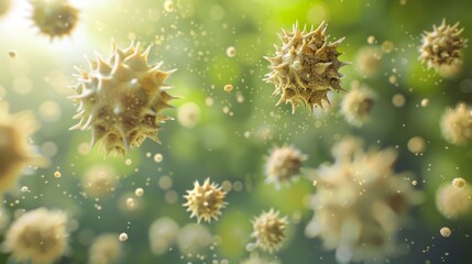 A hyperrealistic depiction of various pollen grains suspended in the air, highlighted by sunlight. - obrazy, fototapety, plakaty