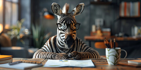 Studious Zebra with Glasses Analyzing Reports at Home Office Desk Banner - obrazy, fototapety, plakaty