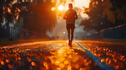 Solitary runner on a wet road at sunset. 