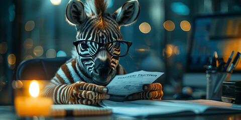 Focused Zebra Accountant Analyzing Financial Data in Cozy Office Banner