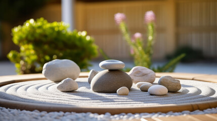 sunlit backyard Japanese garden with sand and rocks, mindfulness practices or meditation