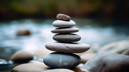 harmony stones balanced on calm riverside water, mindfulness, and self-reflection concept