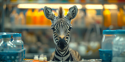 Whimsical Zebra Grocery Shopping Adventure in Modern Jungle - Banner - obrazy, fototapety, plakaty