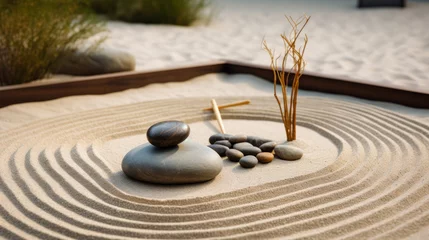Tuinposter tranquil zen garden scene with sand and rocks, calm and serenity wellness © Anastasia Shkut