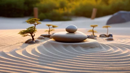  Japanese Zen Garden with sand and rock arrangements, eco-friendly living, sustainable practices, or outdoor retreats © Anastasia Shkut