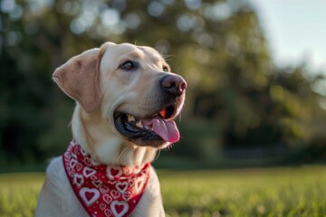 labrador with a heartpatterned bandana around its neck