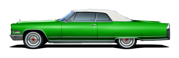 Classic American luxury car in green color. With a convertible body and white soft top.