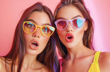 
Surprised friends, one brunette, one white, with colorful sunglasses, pink background. Fun and lively.