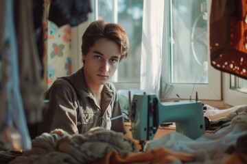 Young boy seamstress at home, the man sits at the sewing machine and looks at the camera