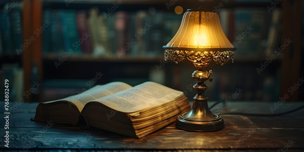 Aufkleber an inviting scene of an open book illuminated by the warm glow of a vintage lamp surrounded by the c