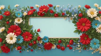 frame with flowers in sky blue and red colours 