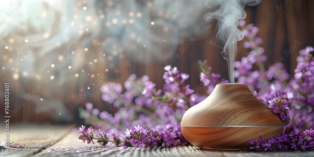 Poster aromatic essential oil diffuser releasing calming scents in a cozy rustic setting with lavender flow