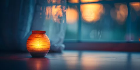 Foto op Plexiglas Soft Glow of a Comforting Nightlight Illuminating a Peaceful Bedroom Interior © Thares2020