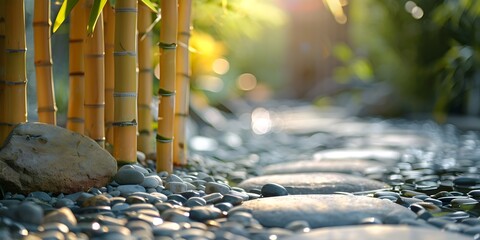 the essence of a zen garden where bamboo shoots rise amidst a tranquil setting of pebbles