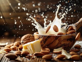 Rustic Still Life Photography of Almonds,Milk,and Butter in a Countryside Kitchen Setting - obrazy, fototapety, plakaty
