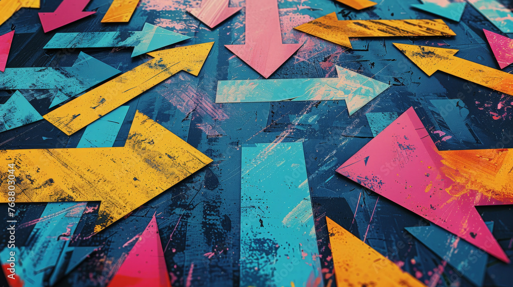 Poster colorful artistic collection of arrows pointing in various directions, symbolizing the complexity an