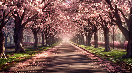 Sakura Splendor: A Canopy of Cherry Blossoms Over a Lush Pathway, Inviting Wanderers Into Springs Embrace